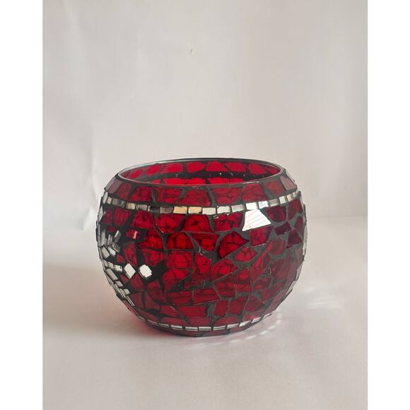Red Glass Mosaic Christmas Holiday CandleHolder Centerpiece w/ Snowflake Accent - Picture 2 of 10